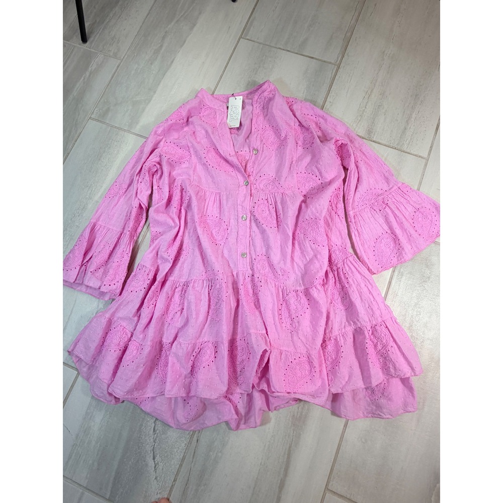 AQRL Pink Eyelet Tiered Mini Dress Cotton Paisley Bell Sleeve Made in Italy NWT
